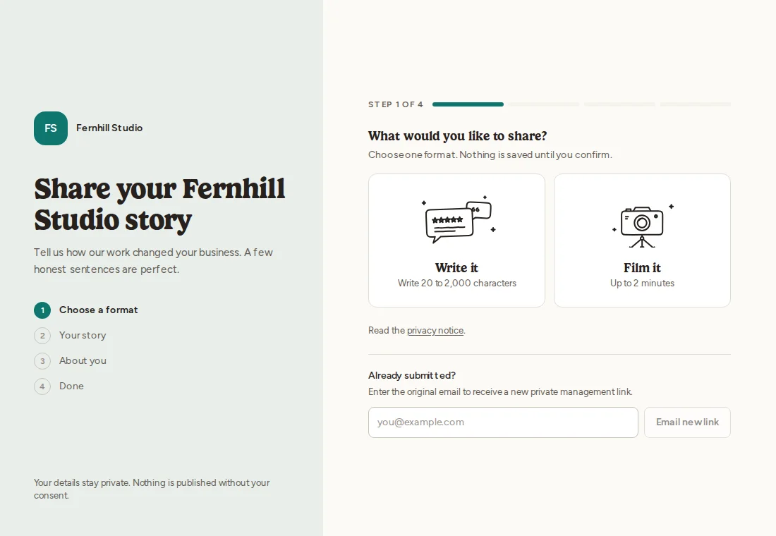 Demo Collection Form offering a written testimonial or a video